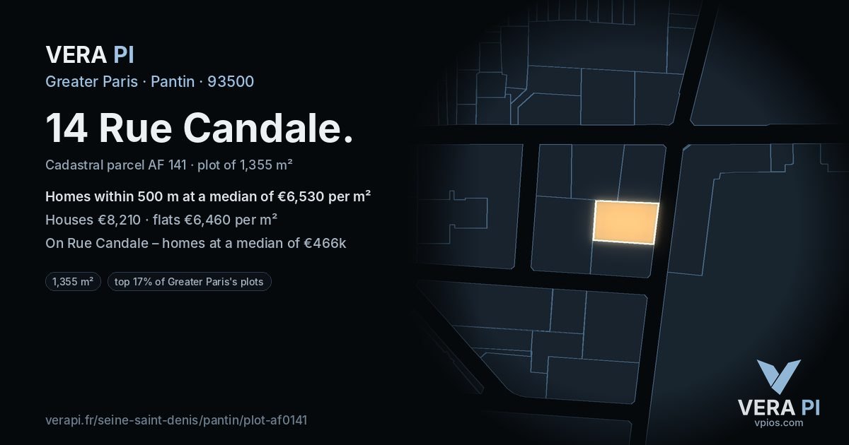 14 Rue Candale, Pantin at night – the plot lit, the parcels around coloured by the prices near them