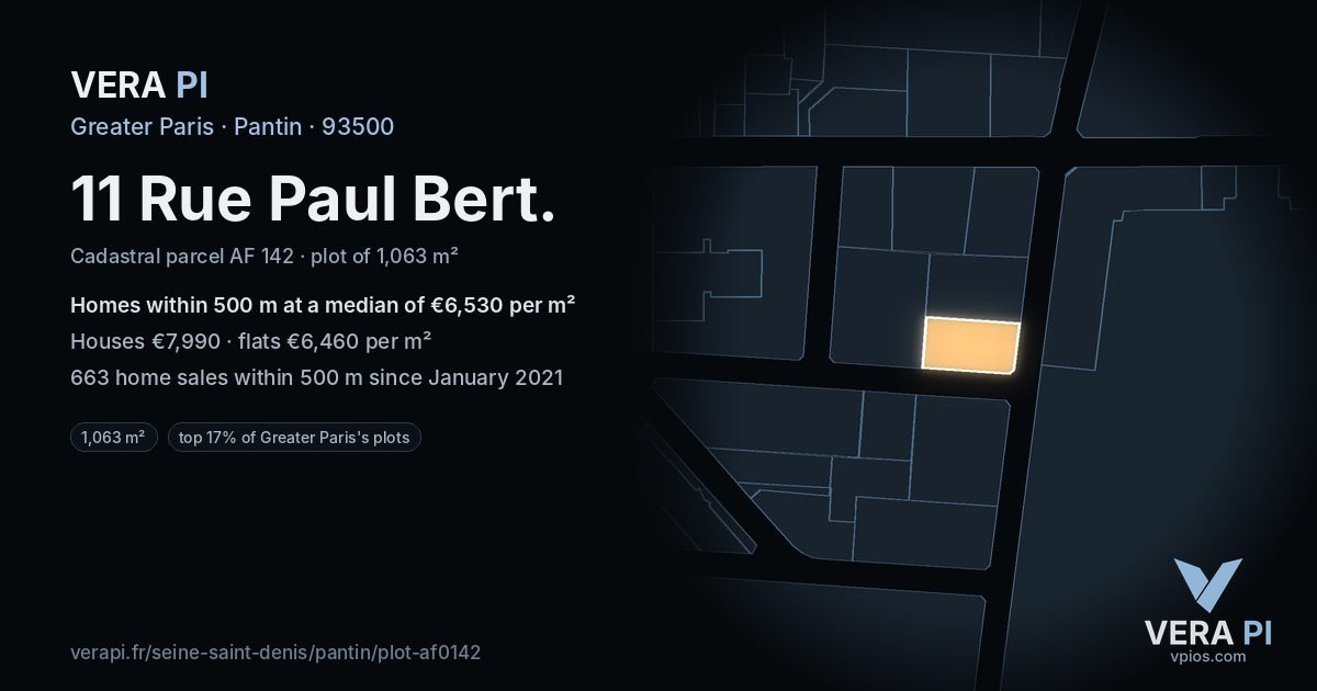 11 Rue Paul Bert, Pantin at night – the plot lit, the parcels around coloured by the prices near them