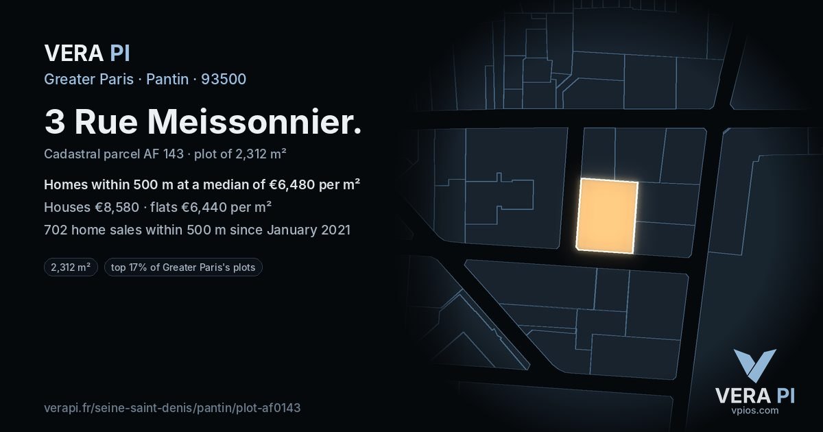 3 Rue Meissonnier, Pantin at night – the plot lit, the parcels around coloured by the prices near them
