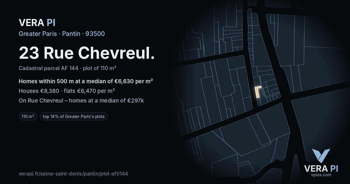 23 Rue Chevreul, Pantin at night – the plot lit, the parcels around coloured by the prices near them