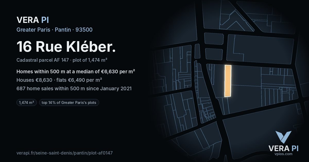 16 Rue Kléber, Pantin at night – the plot lit, the parcels around coloured by the prices near them