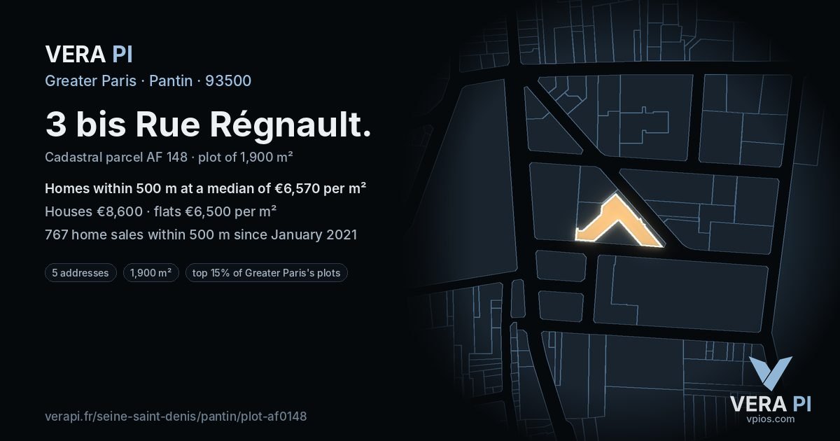 3 bis Rue Régnault, Pantin at night – the plot lit, the parcels around coloured by the prices near them