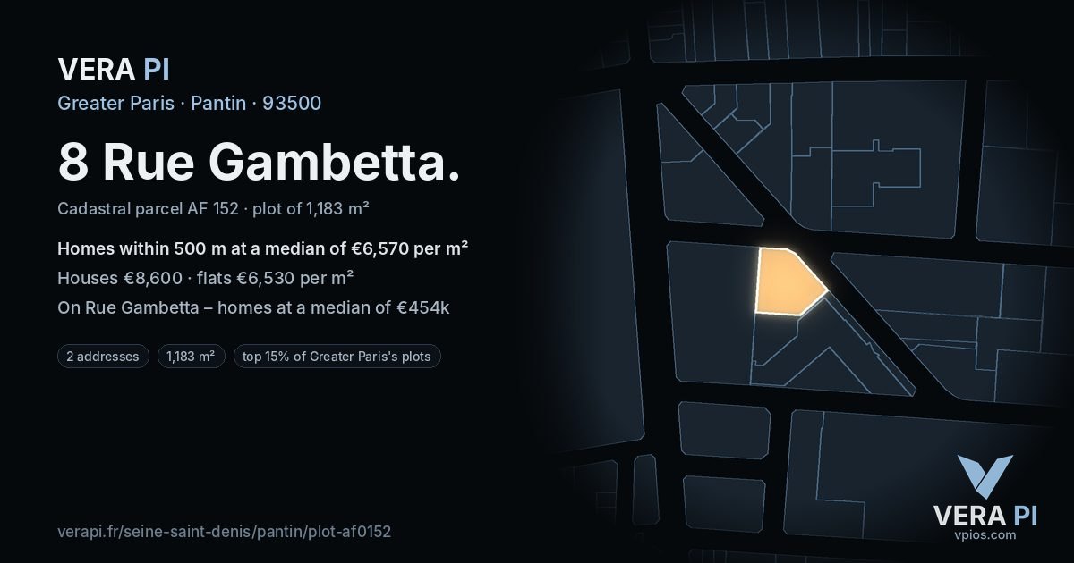 8 Rue Gambetta, Pantin at night – the plot lit, the parcels around coloured by the prices near them