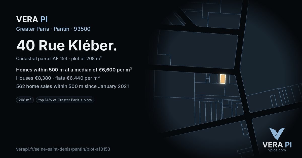 40 Rue Kléber, Pantin at night – the plot lit, the parcels around coloured by the prices near them
