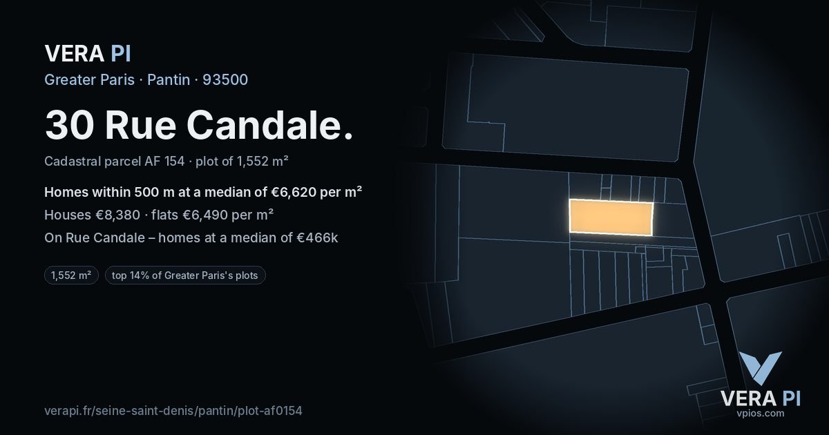 30 Rue Candale, Pantin at night – the plot lit, the parcels around coloured by the prices near them