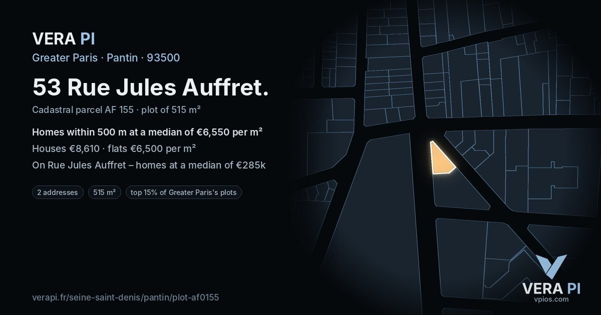 53 Rue Jules Auffret, Pantin at night – the plot lit, the parcels around coloured by the prices near them