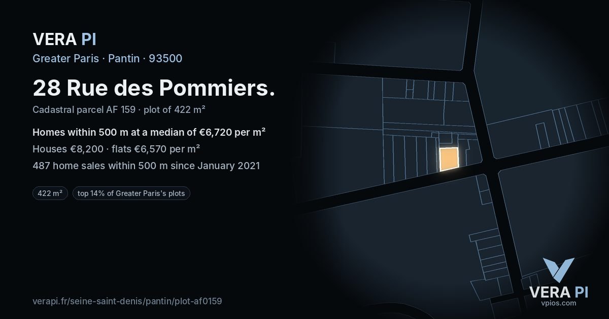 28 Rue des Pommiers, Pantin at night – the plot lit, the parcels around coloured by the prices near them