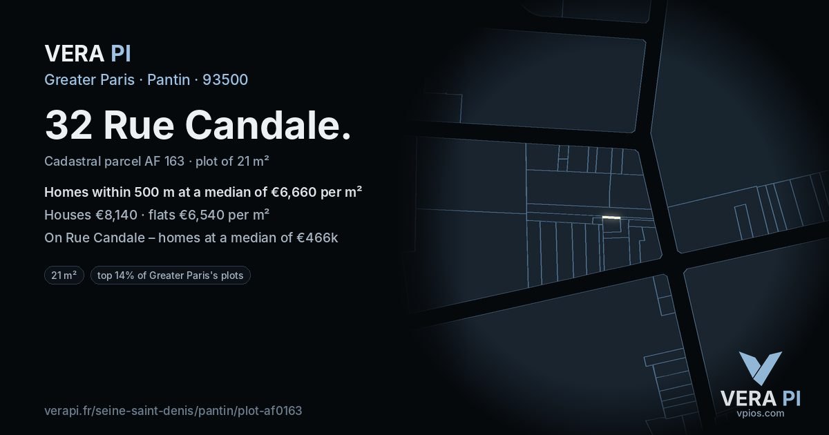 32 Rue Candale, Pantin at night – the plot lit, the parcels around coloured by the prices near them