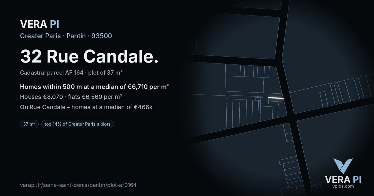 32 Rue Candale, Pantin at night – the plot lit, the parcels around coloured by the prices near them