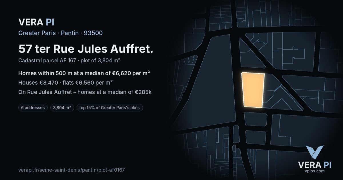 57 ter Rue Jules Auffret, Pantin at night – the plot lit, the parcels around coloured by the prices near them