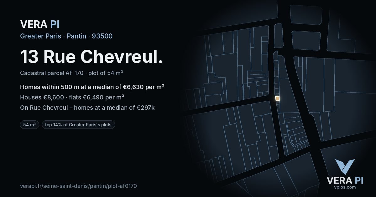 13 Rue Chevreul, Pantin at night – the plot lit, the parcels around coloured by the prices near them