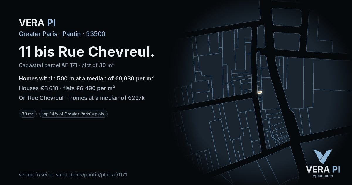11 bis Rue Chevreul, Pantin at night – the plot lit, the parcels around coloured by the prices near them