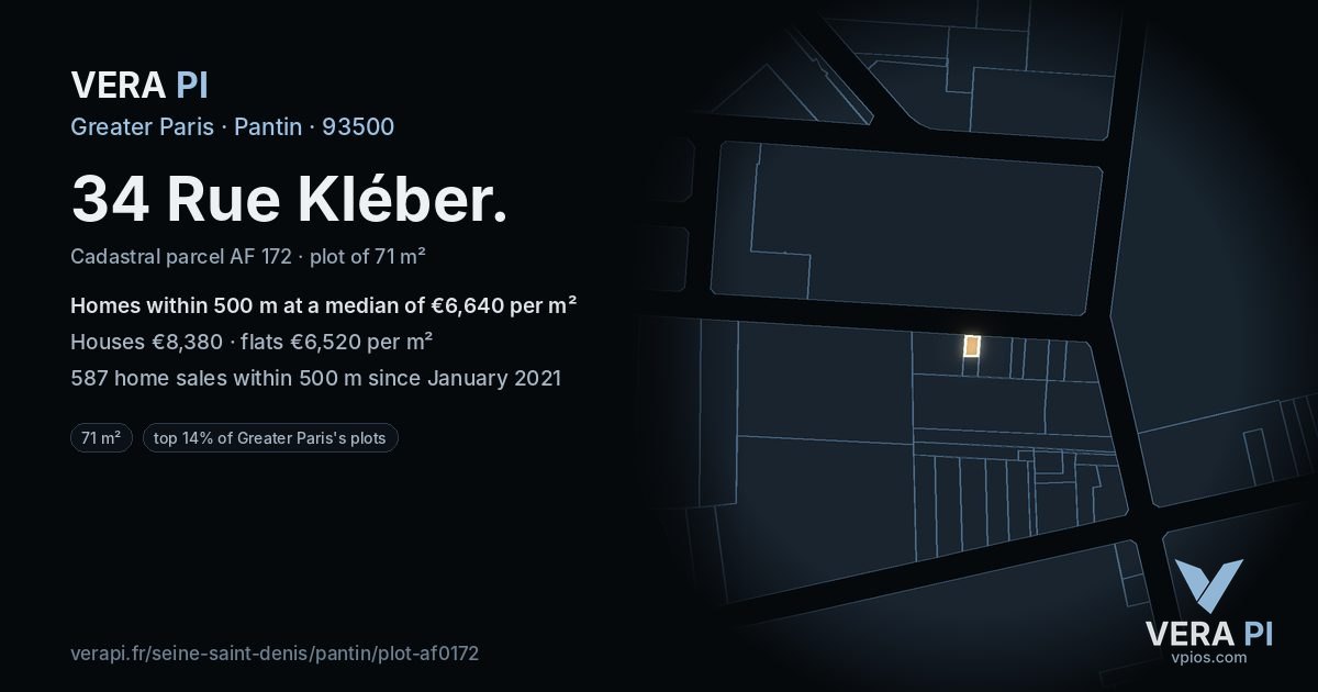34 Rue Kléber, Pantin at night – the plot lit, the parcels around coloured by the prices near them