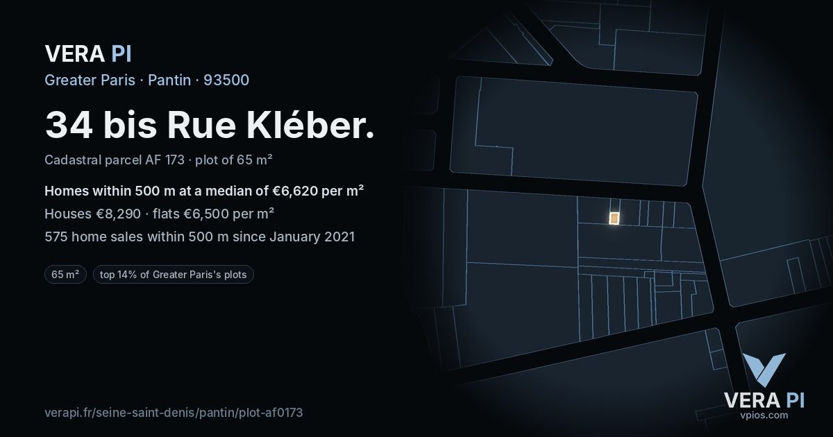 34 bis Rue Kléber, Pantin at night – the plot lit, the parcels around coloured by the prices near them