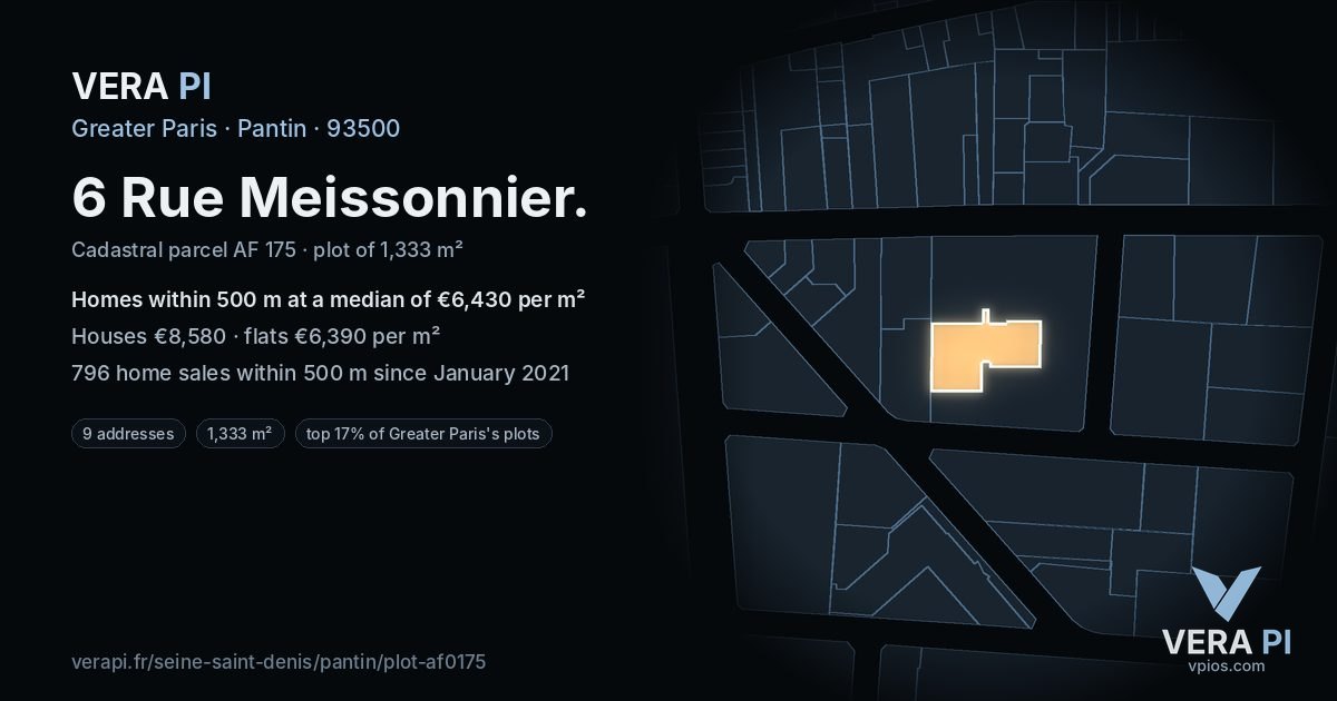 6 Rue Meissonnier, Pantin at night – the plot lit, the parcels around coloured by the prices near them