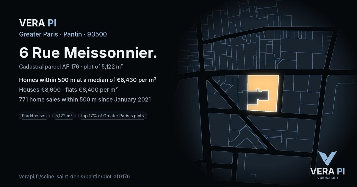 6 Rue Meissonnier, Pantin at night – the plot lit, the parcels around coloured by the prices near them