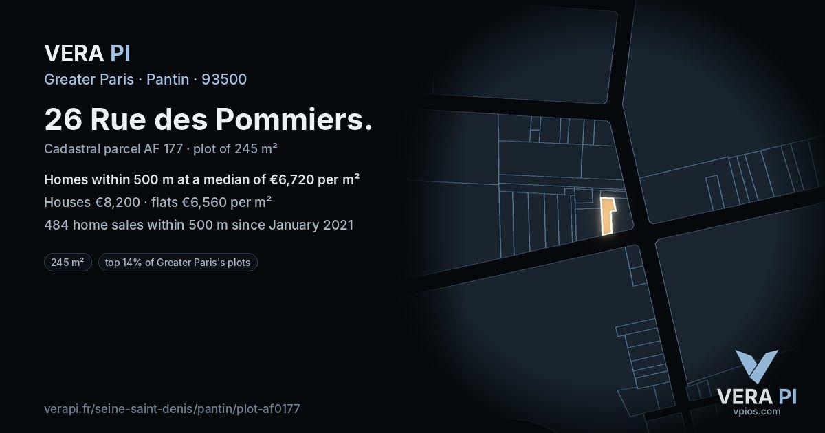 26 Rue des Pommiers, Pantin at night – the plot lit, the parcels around coloured by the prices near them