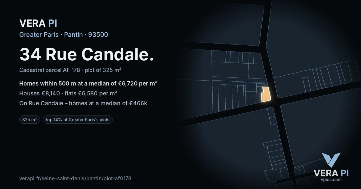 34 Rue Candale, Pantin at night – the plot lit, the parcels around coloured by the prices near them