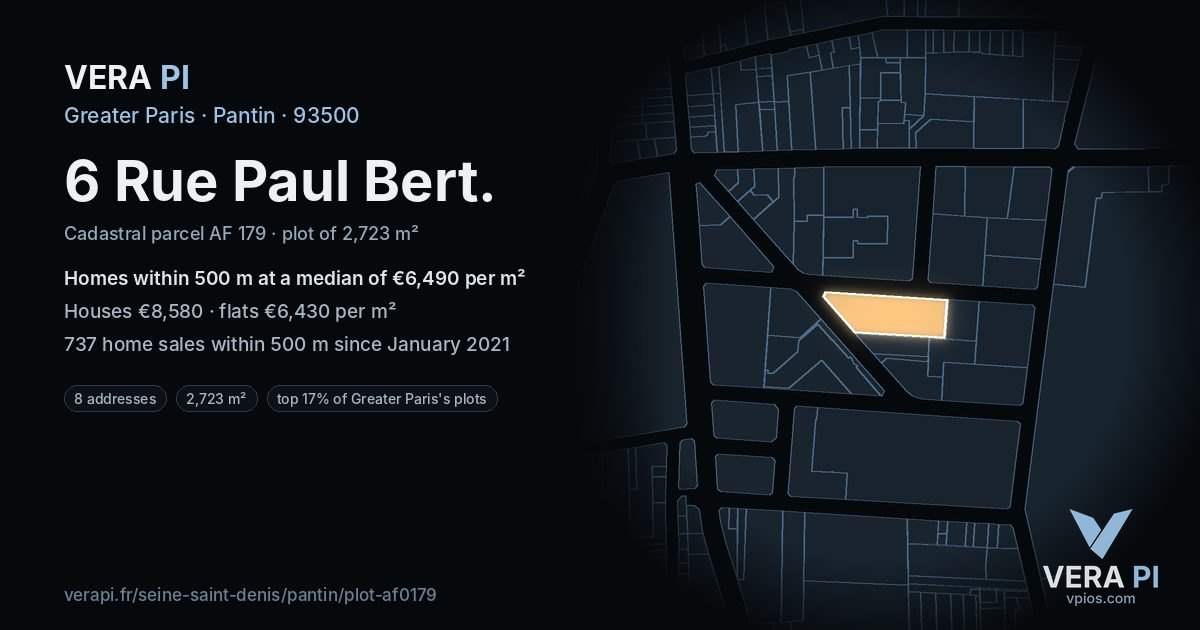 6 Rue Paul Bert, Pantin at night – the plot lit, the parcels around coloured by the prices near them