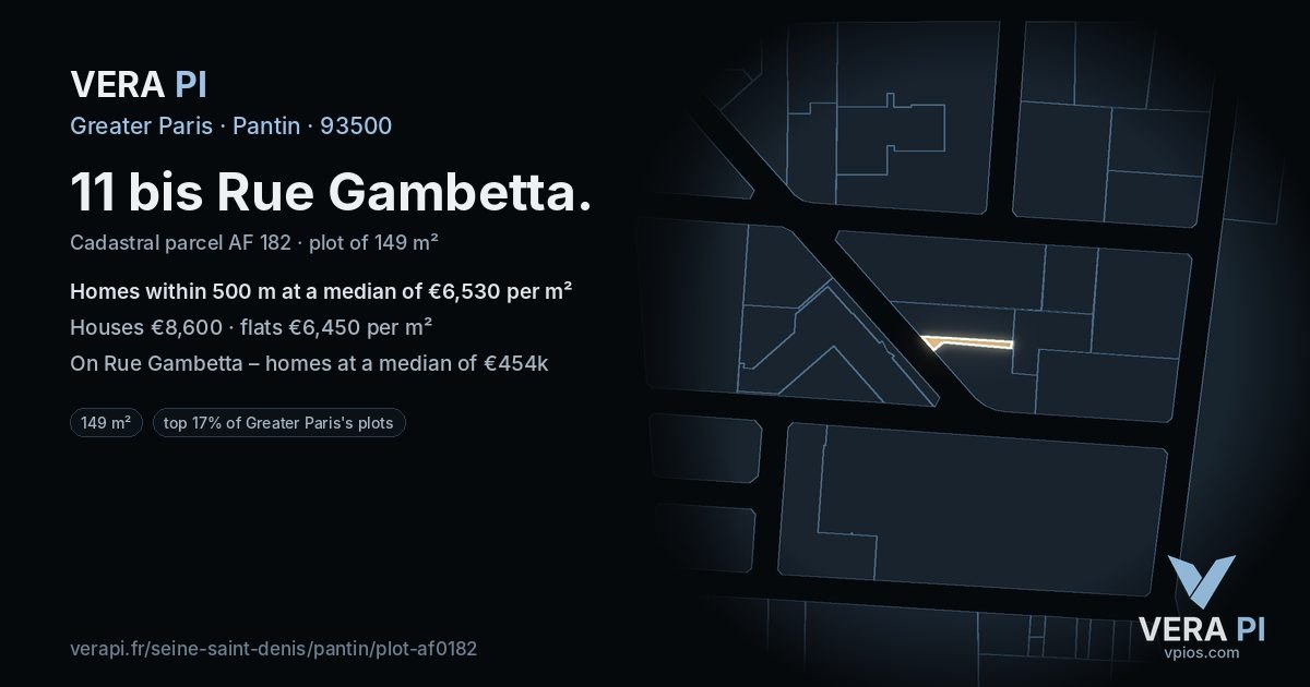 11 bis Rue Gambetta, Pantin at night – the plot lit, the parcels around coloured by the prices near them