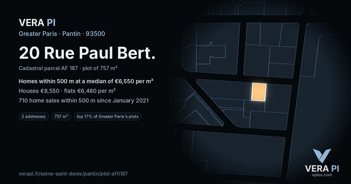 20 Rue Paul Bert, Pantin at night – the plot lit, the parcels around coloured by the prices near them