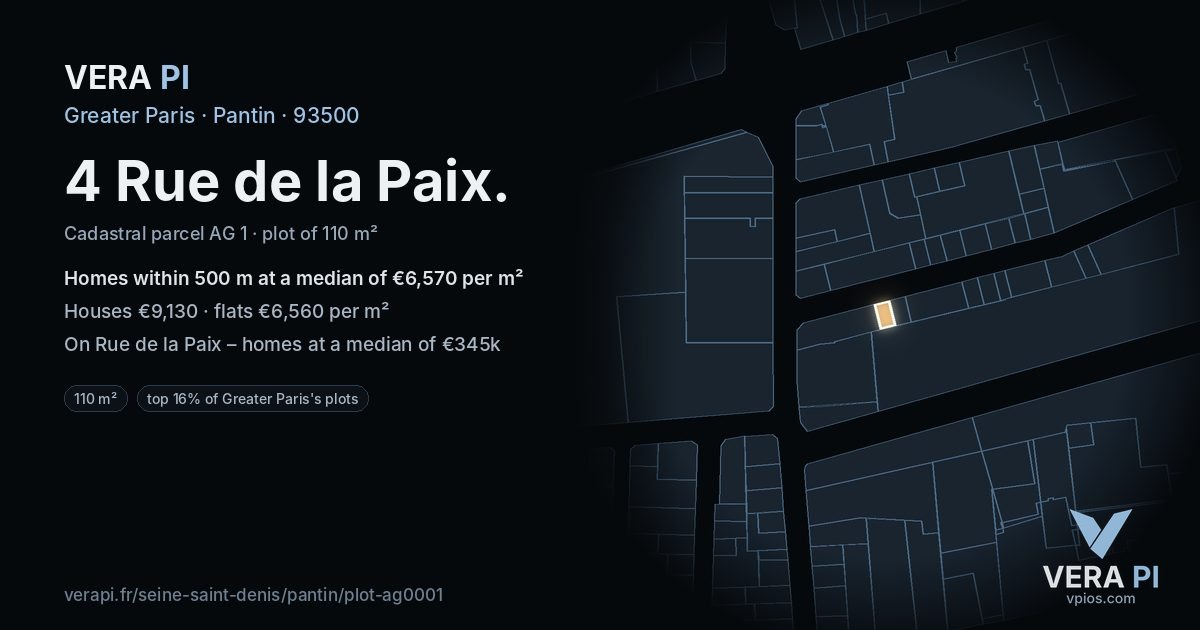 4 Rue de la Paix, Pantin at night – the plot lit, the parcels around coloured by the prices near them