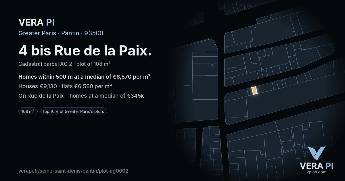 4 bis Rue de la Paix, Pantin at night – the plot lit, the parcels around coloured by the prices near them