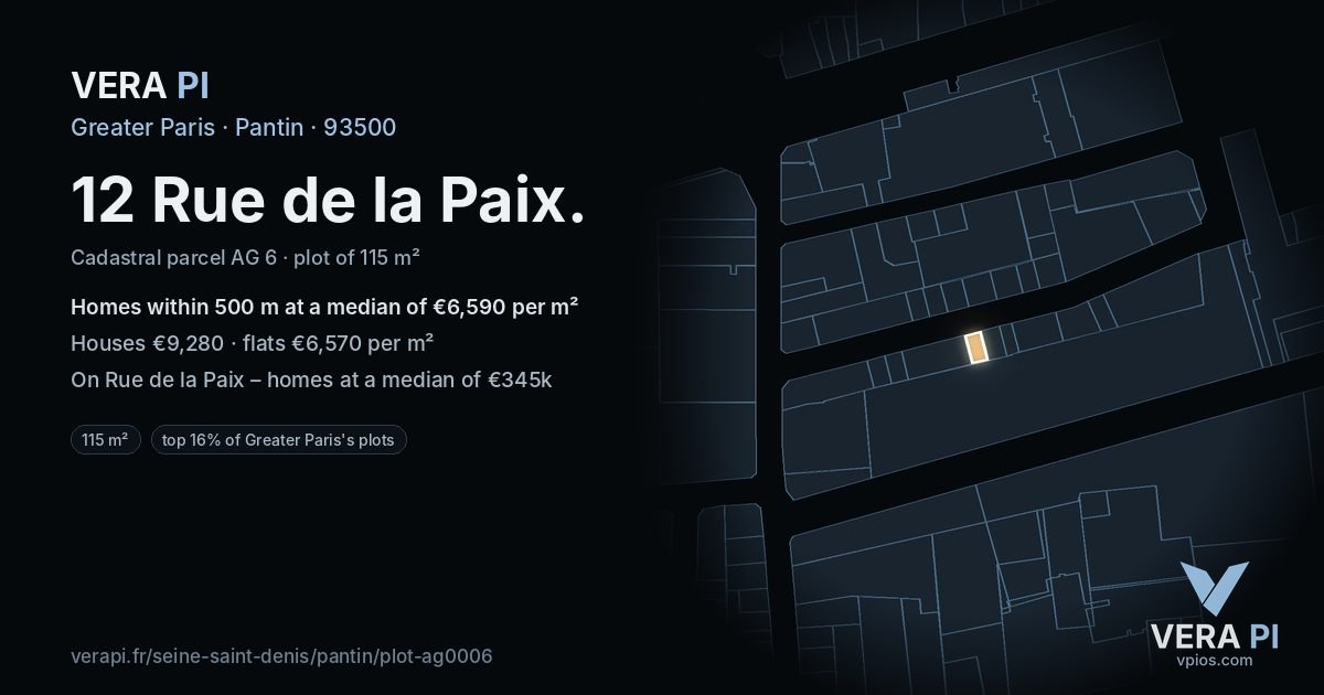 12 Rue de la Paix, Pantin at night – the plot lit, the parcels around coloured by the prices near them