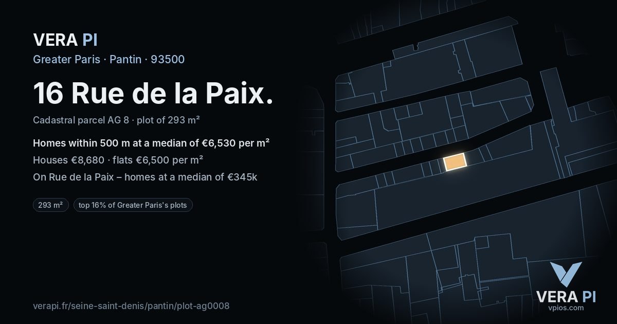 16 Rue de la Paix, Pantin at night – the plot lit, the parcels around coloured by the prices near them