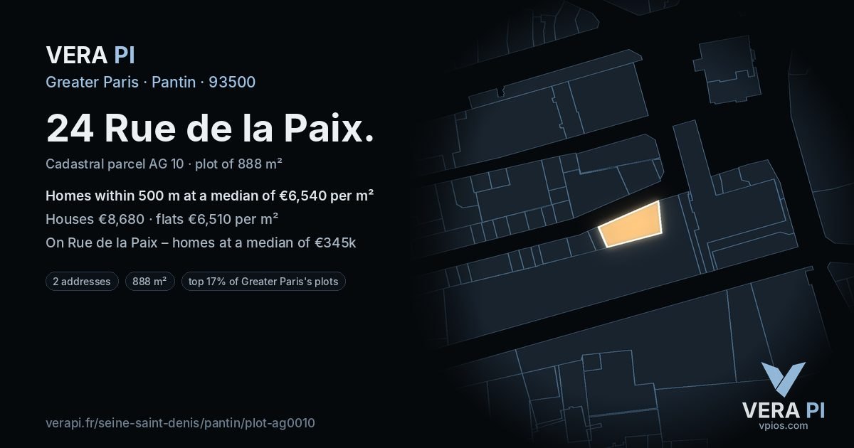 24 Rue de la Paix, Pantin at night – the plot lit, the parcels around coloured by the prices near them