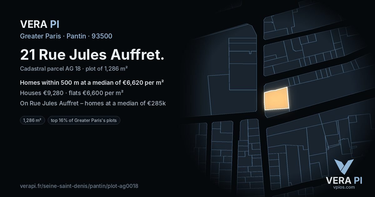 21 Rue Jules Auffret, Pantin at night – the plot lit, the parcels around coloured by the prices near them