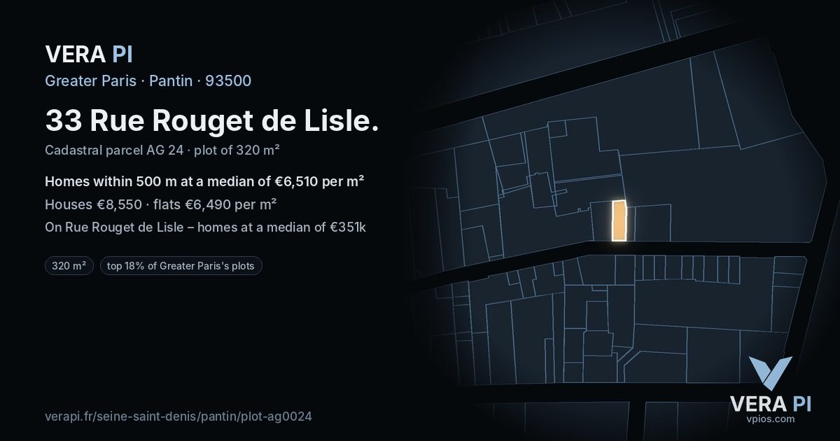 33 Rue Rouget de Lisle, Pantin at night – the plot lit, the parcels around coloured by the prices near them