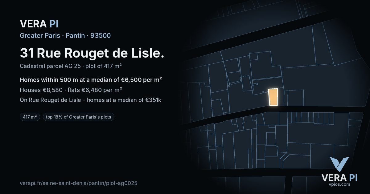 31 Rue Rouget de Lisle, Pantin at night – the plot lit, the parcels around coloured by the prices near them