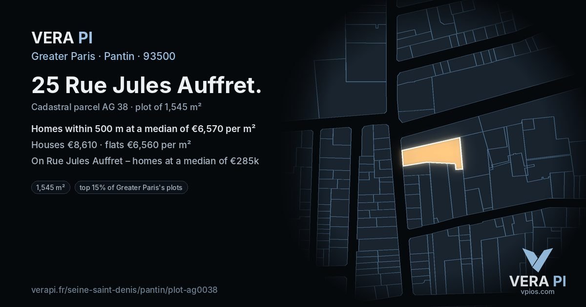 25 Rue Jules Auffret, Pantin at night – the plot lit, the parcels around coloured by the prices near them