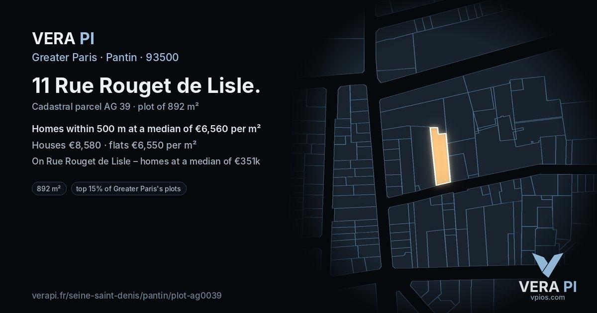 11 Rue Rouget de Lisle, Pantin at night – the plot lit, the parcels around coloured by the prices near them