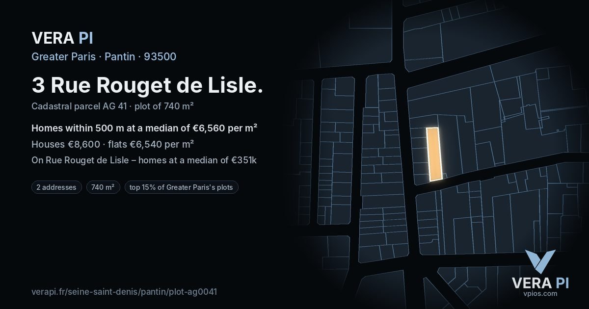 3 Rue Rouget de Lisle, Pantin at night – the plot lit, the parcels around coloured by the prices near them