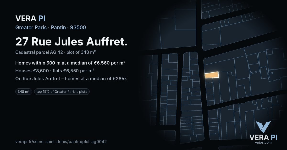 27 Rue Jules Auffret, Pantin at night – the plot lit, the parcels around coloured by the prices near them