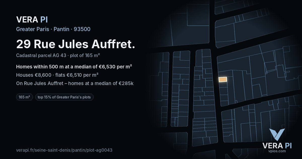 29 Rue Jules Auffret, Pantin at night – the plot lit, the parcels around coloured by the prices near them