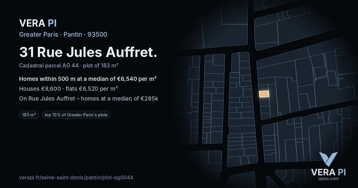 31 Rue Jules Auffret, Pantin at night – the plot lit, the parcels around coloured by the prices near them