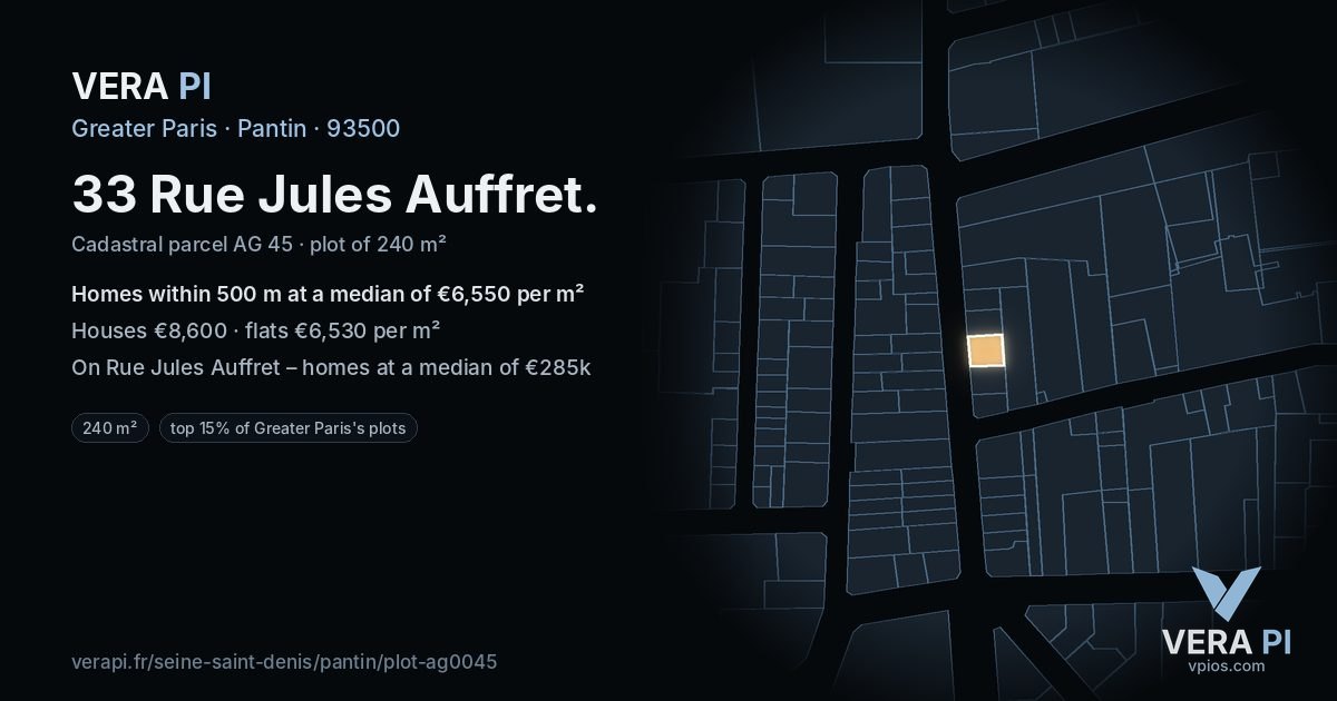 33 Rue Jules Auffret, Pantin at night – the plot lit, the parcels around coloured by the prices near them