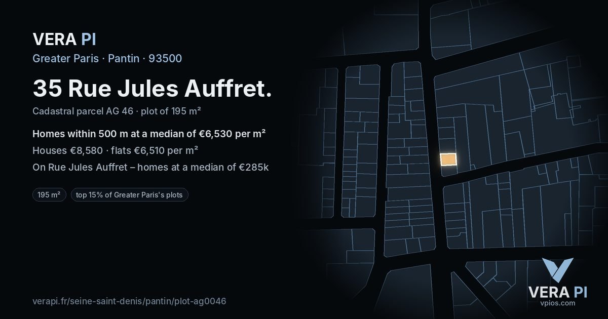 35 Rue Jules Auffret, Pantin at night – the plot lit, the parcels around coloured by the prices near them