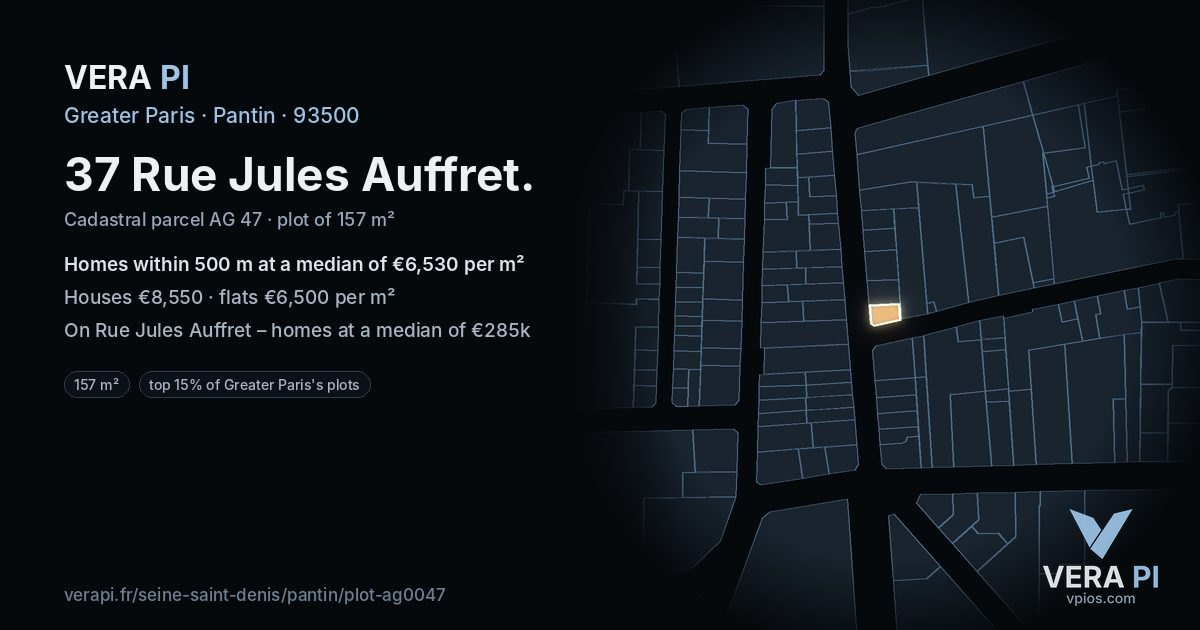 37 Rue Jules Auffret, Pantin at night – the plot lit, the parcels around coloured by the prices near them