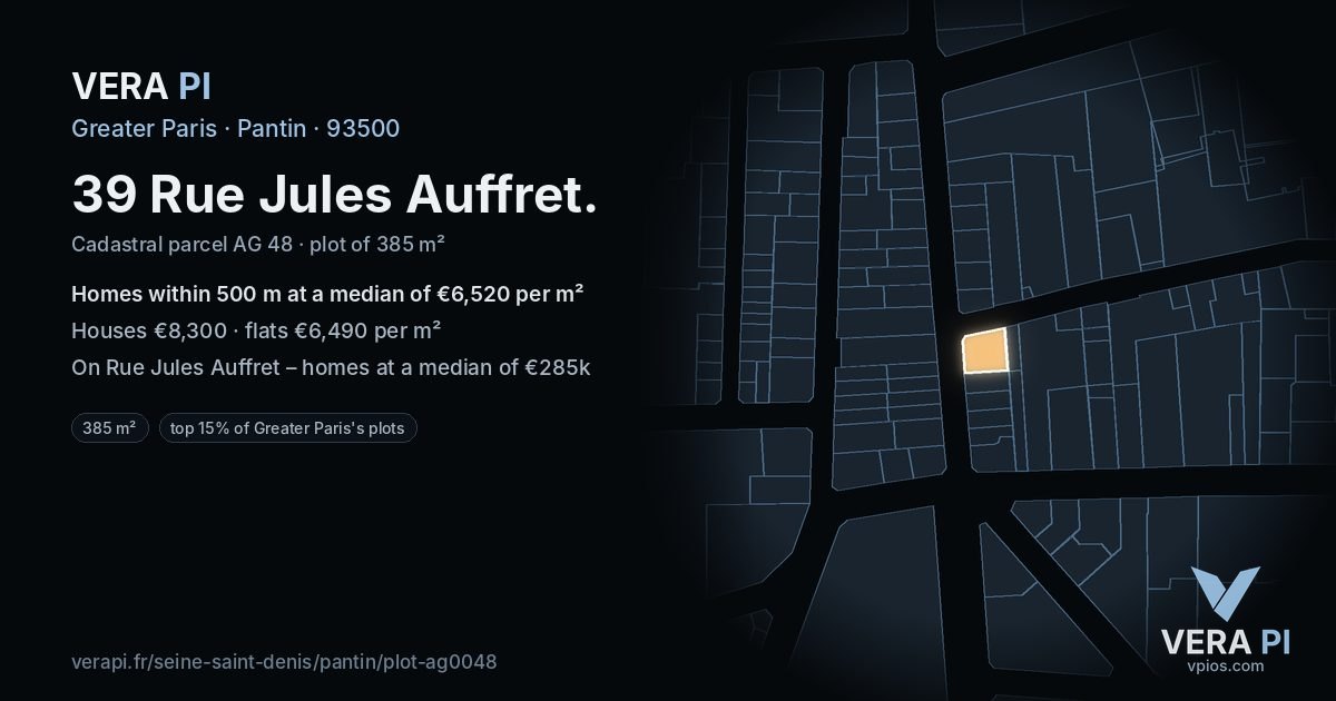 39 Rue Jules Auffret, Pantin at night – the plot lit, the parcels around coloured by the prices near them