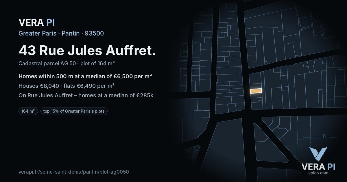 43 Rue Jules Auffret, Pantin at night – the plot lit, the parcels around coloured by the prices near them