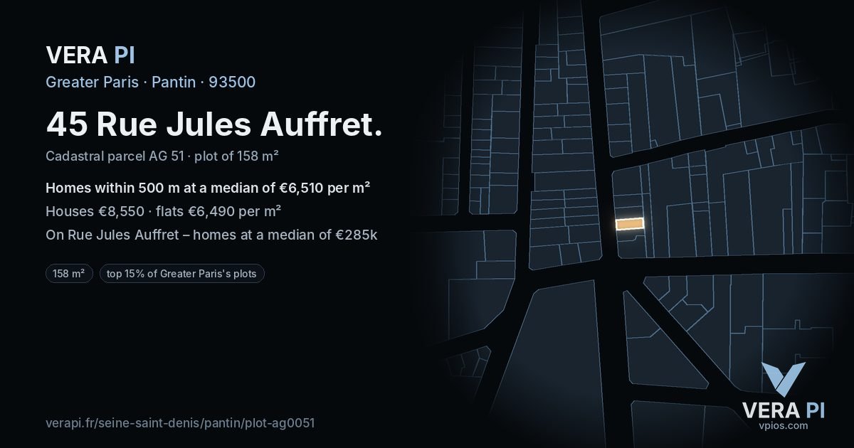 45 Rue Jules Auffret, Pantin at night – the plot lit, the parcels around coloured by the prices near them