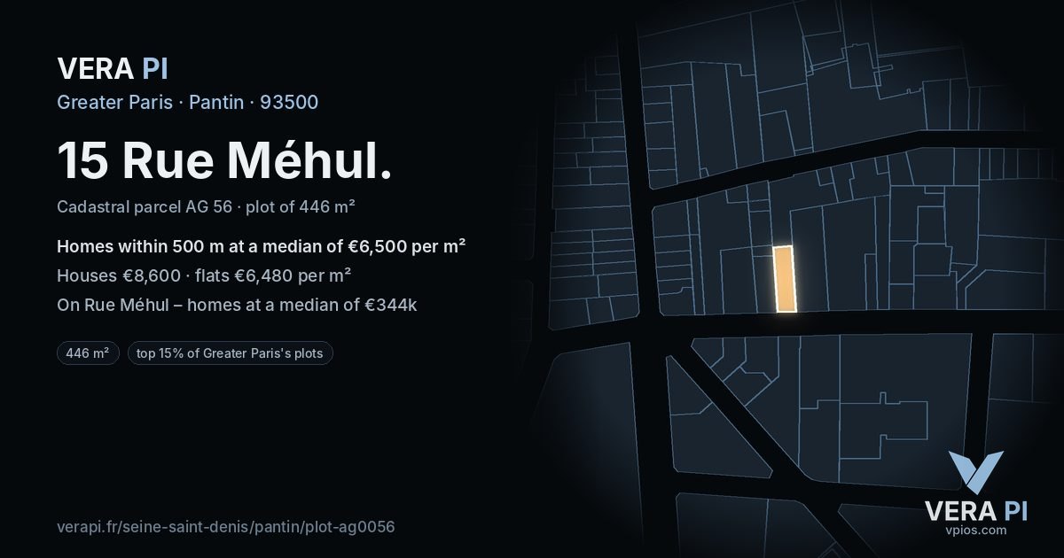 15 Rue Méhul, Pantin at night – the plot lit, the parcels around coloured by the prices near them