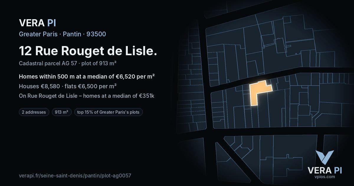 12 Rue Rouget de Lisle, Pantin at night – the plot lit, the parcels around coloured by the prices near them