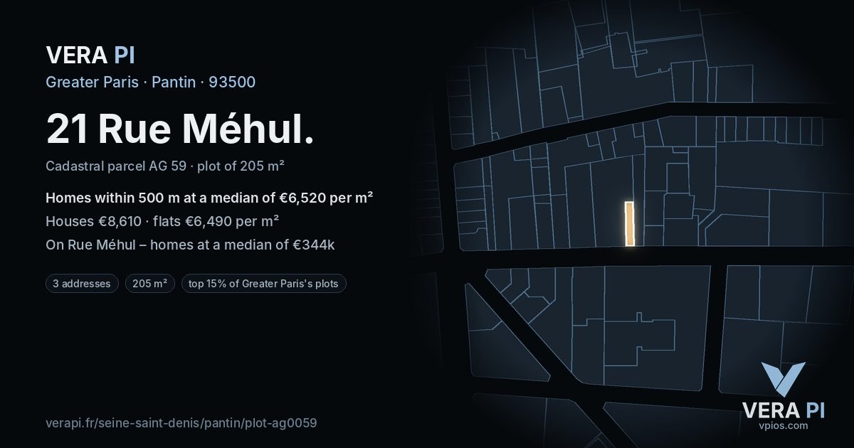 21 Rue Méhul, Pantin at night – the plot lit, the parcels around coloured by the prices near them