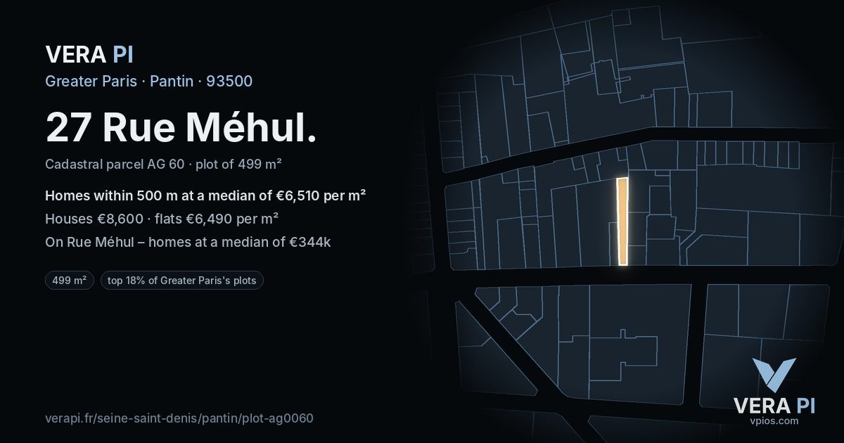 27 Rue Méhul, Pantin at night – the plot lit, the parcels around coloured by the prices near them