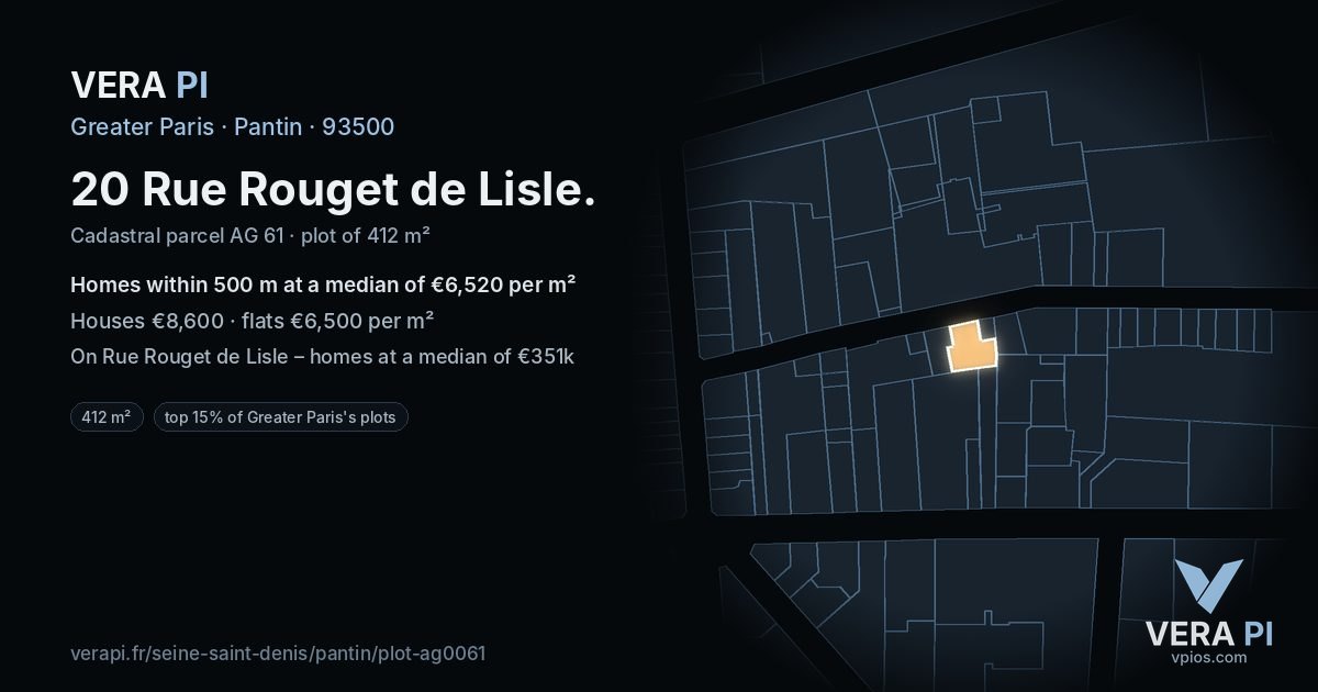 20 Rue Rouget de Lisle, Pantin at night – the plot lit, the parcels around coloured by the prices near them